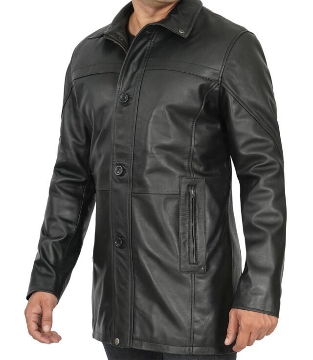 mens black leather car coat