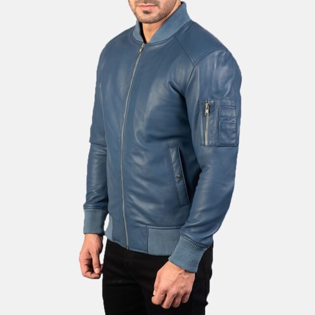 blue leather bomber jacket for mens