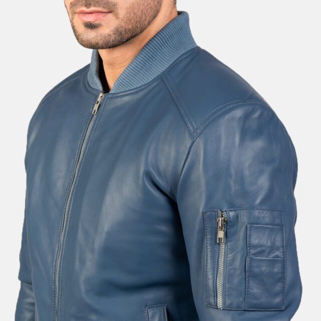 blue leather bomber jacket for mens