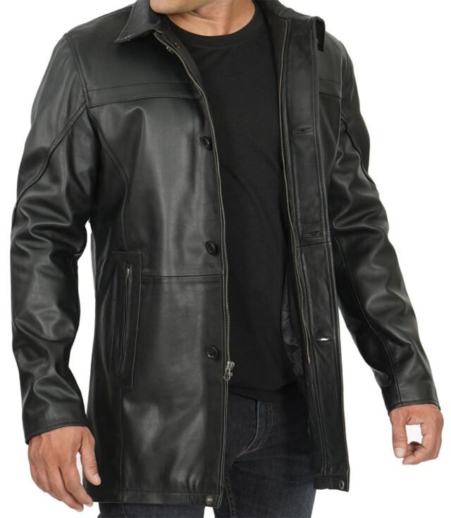 mens black leather car coat