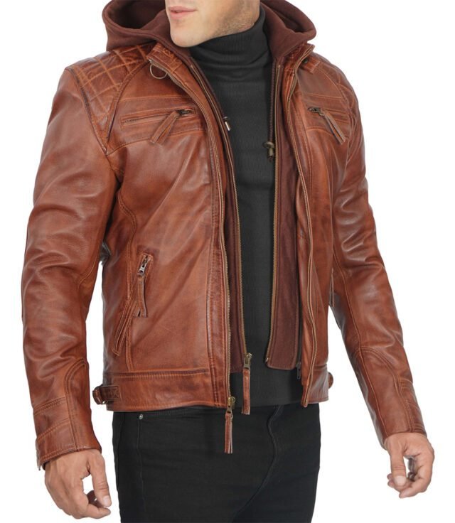 removeable hood leather jacket