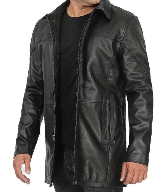 mens black leather car coat