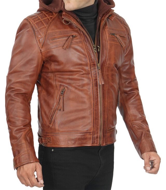 removeable hood leather jacket