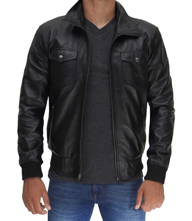 mens leather bomber jacket with hood