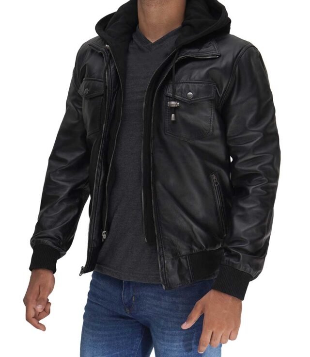 mens leather bomber jacket with hood