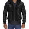 mens leather bomber jacket with hood