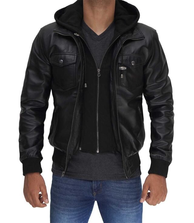 mens leather bomber jacket with hood