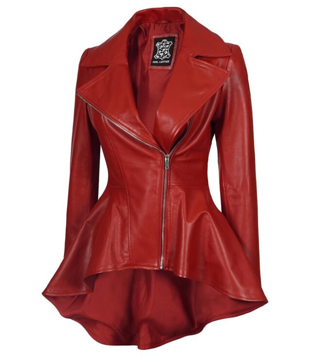 red peplum leather jacket