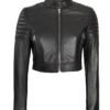 black cropped leather moto jacket