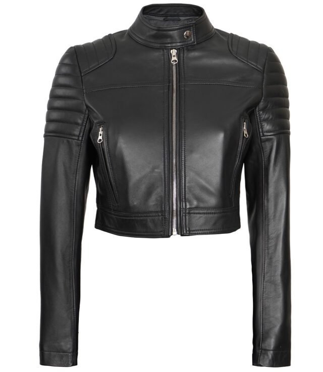 black cropped leather moto jacket