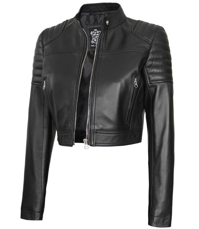 black cropped leather moto jacket