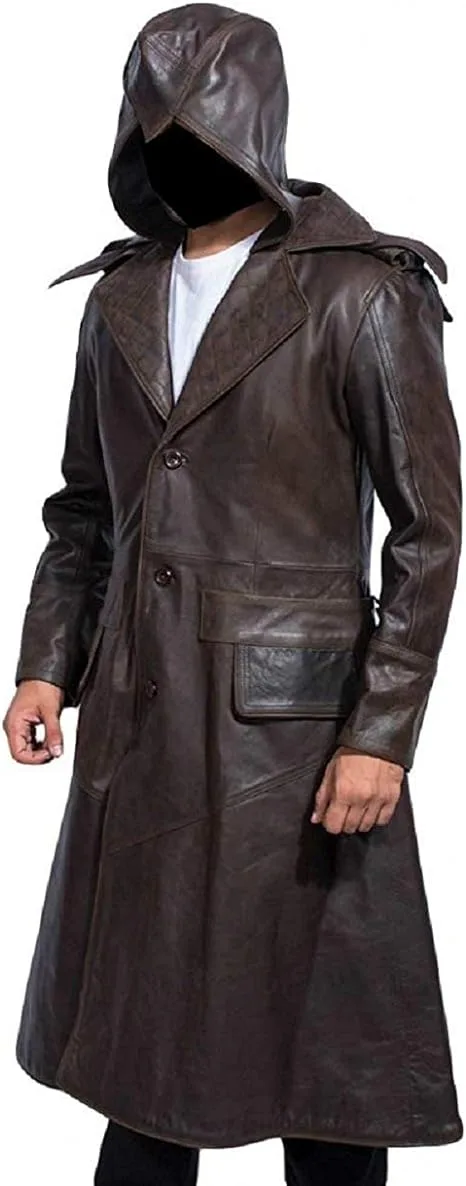 brown leather trench coat