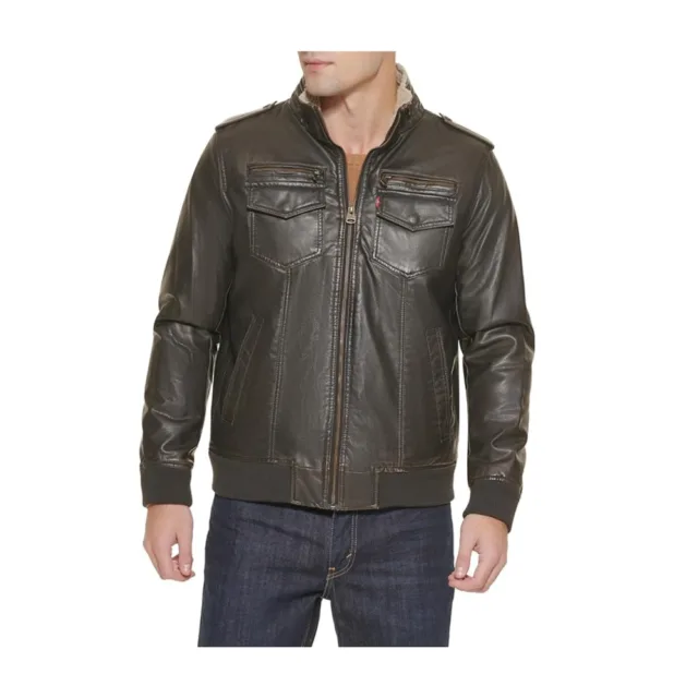 Men’s Brown Faux Leather Aviator Bomber Jacket