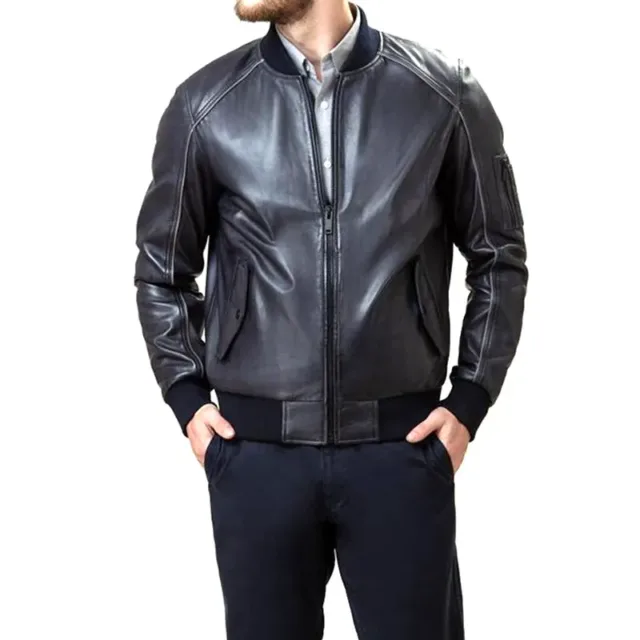 Men Black Leather Bomber Jacket