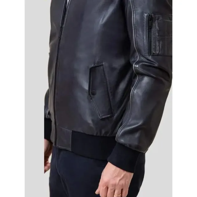 Men Black Leather Bomber Jacket