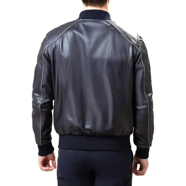 Men Black Leather Bomber Jacket