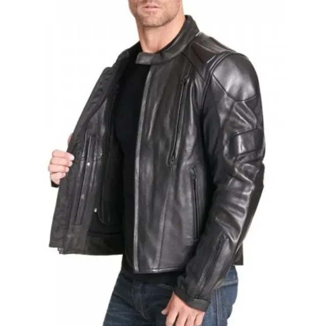 Men Padded Black Biker Leather Jacket