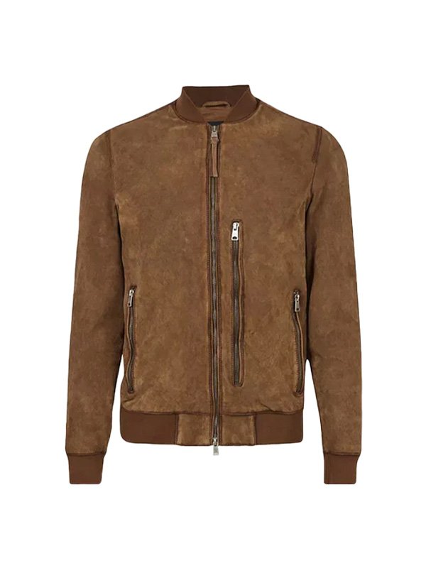 Mens Brown Suede Real Leather Bomber Jacket